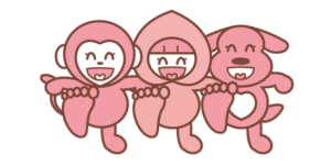 モモ丸君たちが肩を組み、片足を上げてニコニコ笑顔のイラスト
